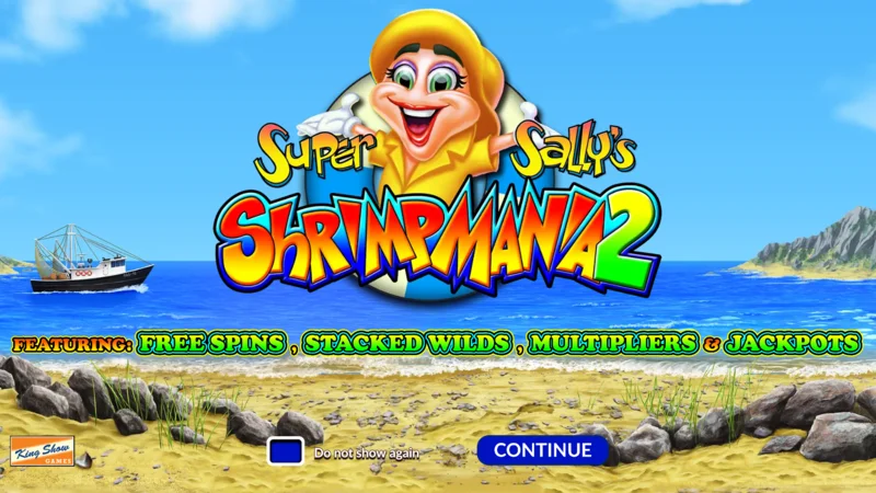 Super Sally's Shrimpmania 2 – päänäyttö, jossa on 5x4-rullat ja 40 voittolinjaa